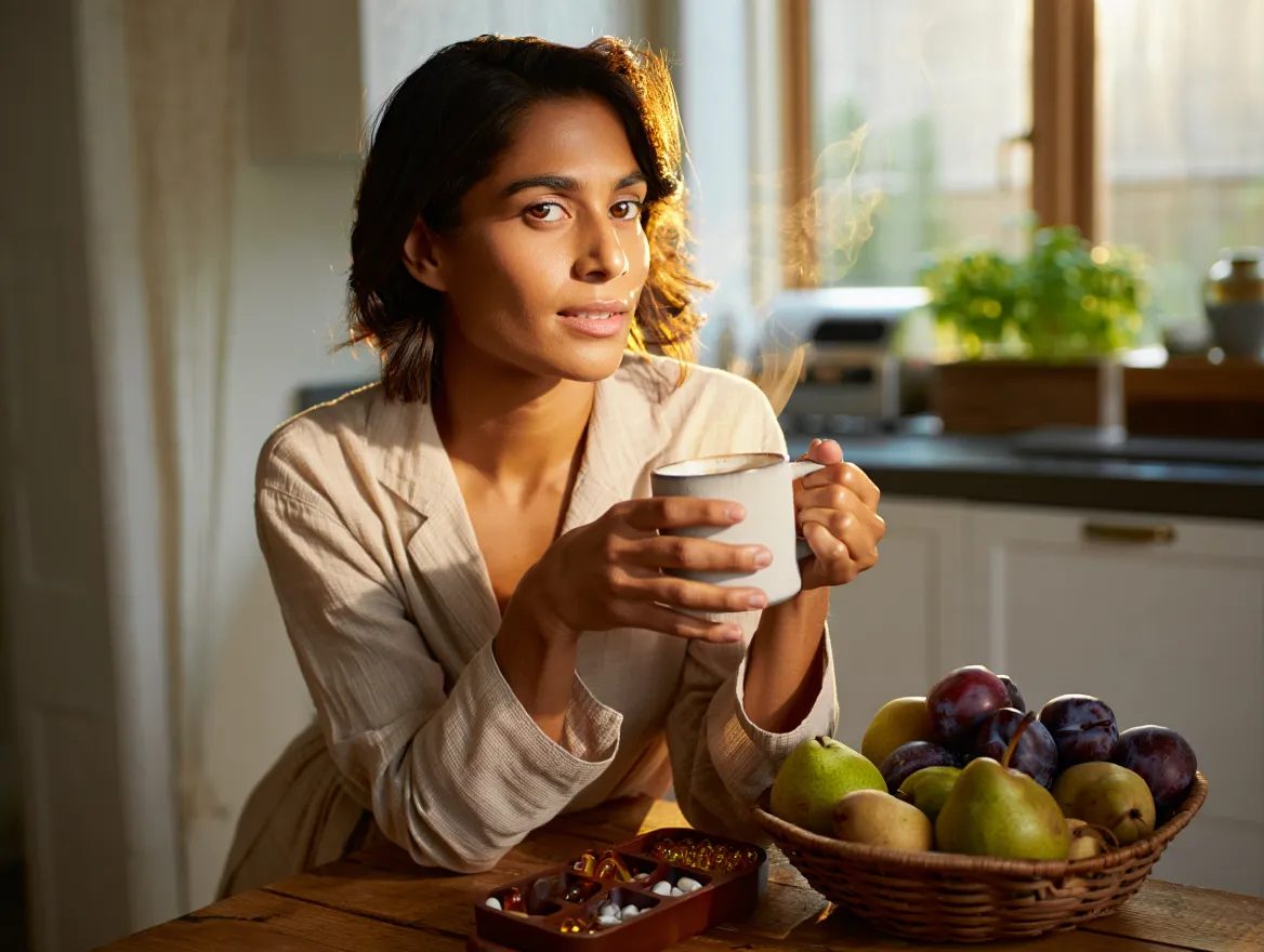 A person enjoying a morning routine with fresh fruits and vitamin supplements on a kitchen table